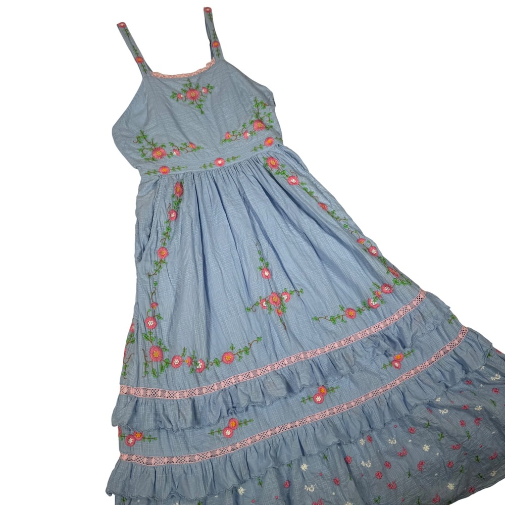 LoveShackFancy Midi Dress Womens 2 Blue Floral Embroidered Cotton Boho Romantic